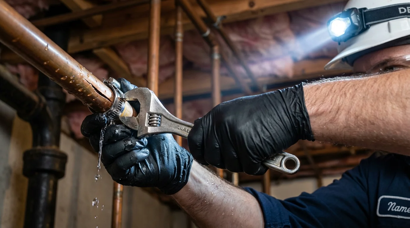 Emergency pipe clamp repair being performed by a Johns Plumbing LLC plumber in Osborne
